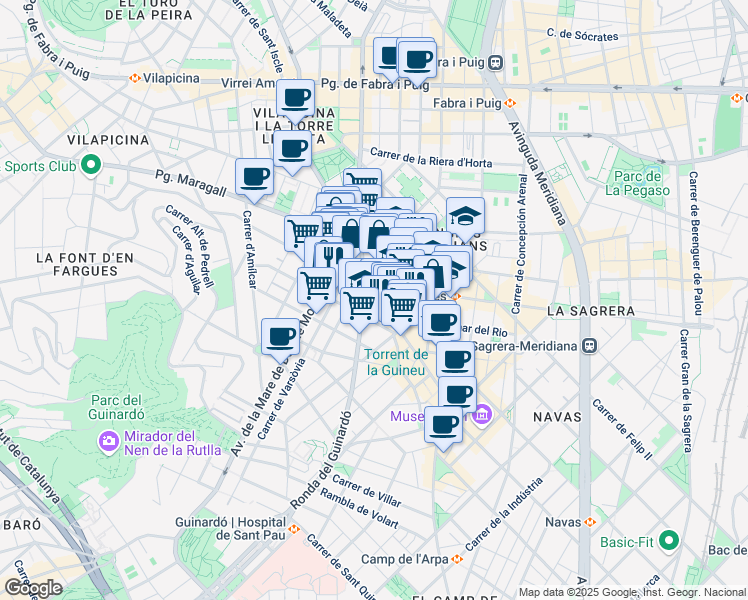 map of restaurants, bars, coffee shops, grocery stores, and more near 195 Passeig de Maragall in Barcelona