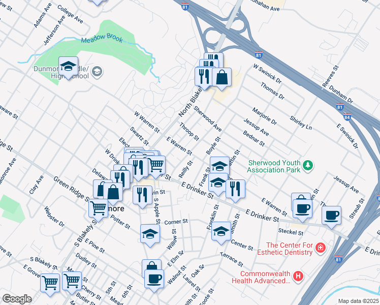 map of restaurants, bars, coffee shops, grocery stores, and more near 300 East Warren Street in Dunmore