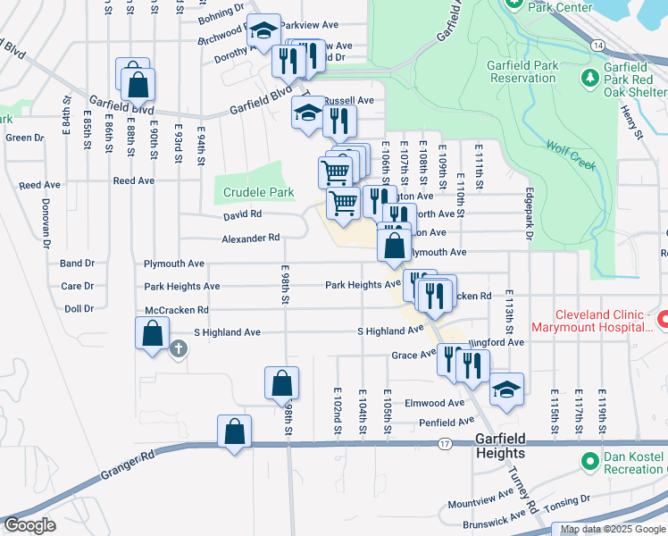map of restaurants, bars, coffee shops, grocery stores, and more near 10209 Plymouth Avenue in Garfield Heights