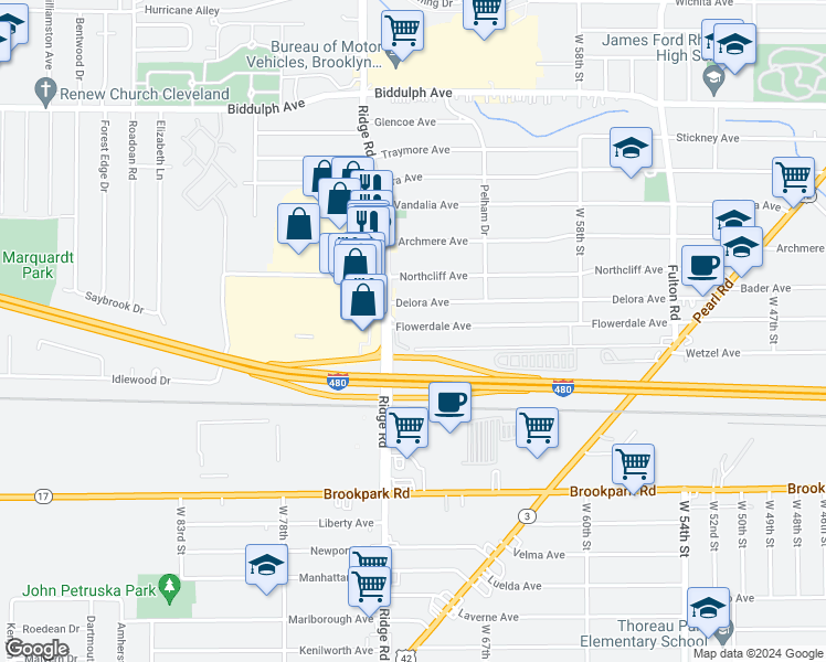map of restaurants, bars, coffee shops, grocery stores, and more near 7101 Flowerdale Avenue in Cleveland