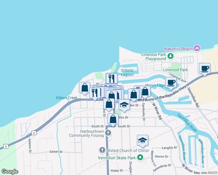 map of restaurants, bars, coffee shops, grocery stores, and more near 5564 Ferry Street in Vermilion