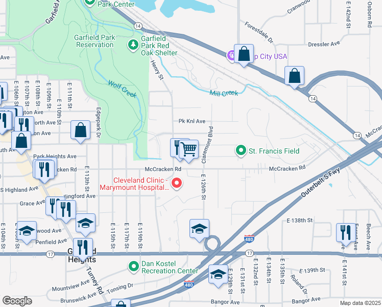 map of restaurants, bars, coffee shops, grocery stores, and more near 12401 Reindeer Avenue in Garfield Heights