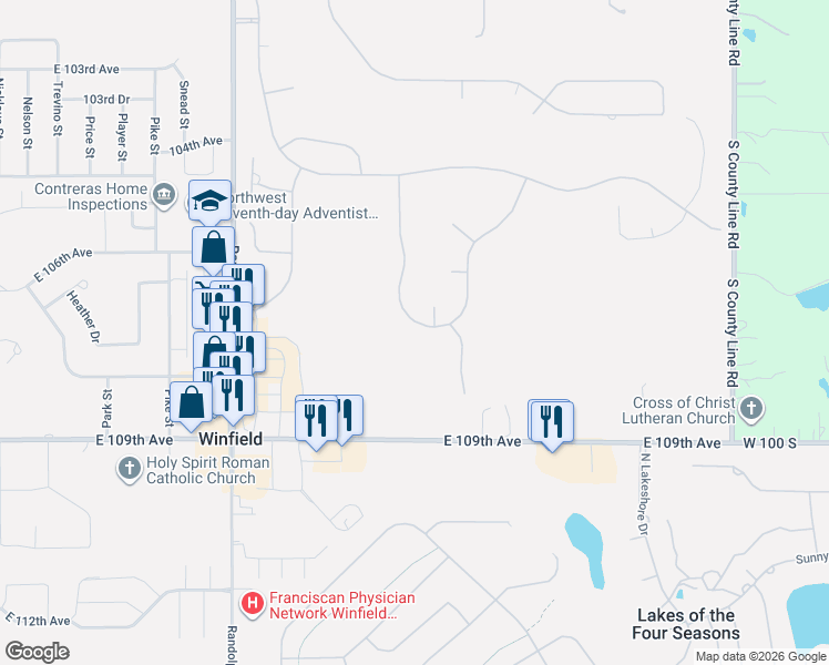 map of restaurants, bars, coffee shops, grocery stores, and more near 10685-10697 Erie Drive in Winfield