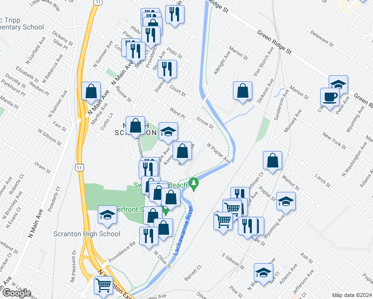 map of restaurants, bars, coffee shops, grocery stores, and more near 1048 Cottage Avenue in Scranton