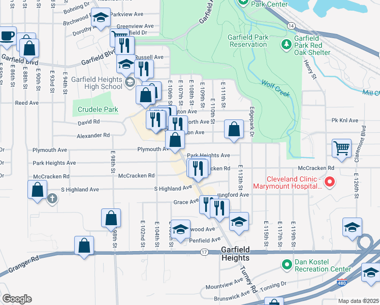 map of restaurants, bars, coffee shops, grocery stores, and more near 5045 Turney Road in Garfield Heights