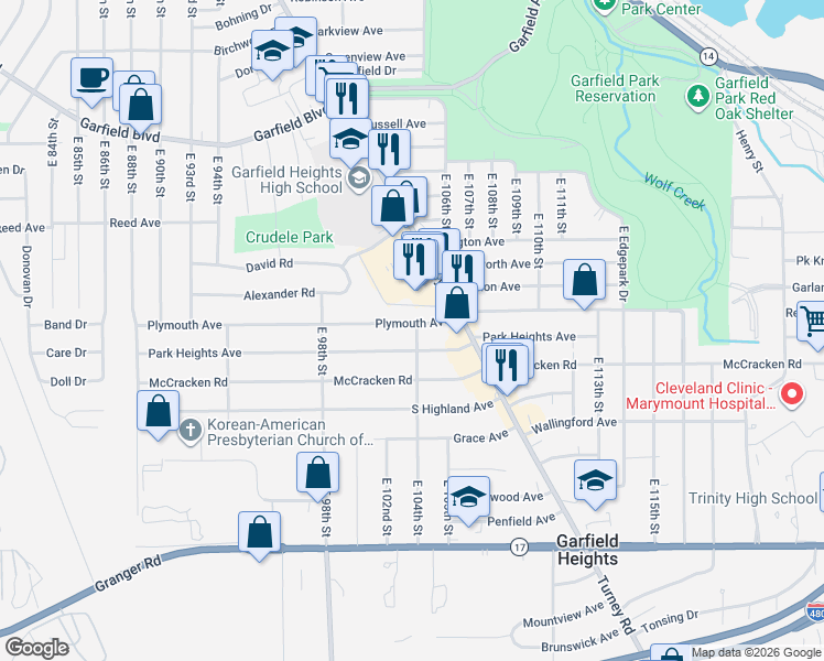 map of restaurants, bars, coffee shops, grocery stores, and more near 10209 Plymouth Avenue in Garfield Heights