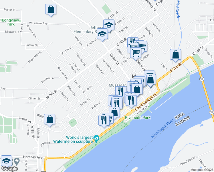 map of restaurants, bars, coffee shops, grocery stores, and more near 106 West 5th Street in Muscatine