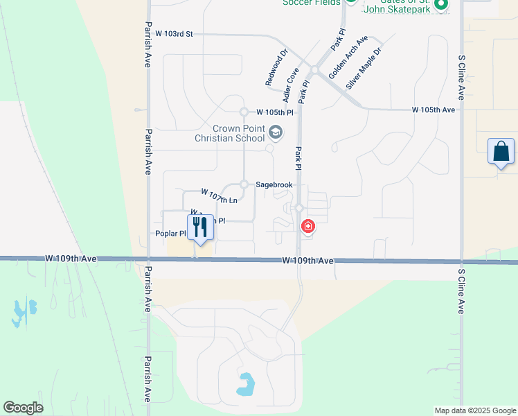 map of restaurants, bars, coffee shops, grocery stores, and more near 9101 West 107th Lane in St. John