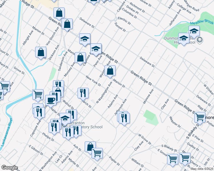 map of restaurants, bars, coffee shops, grocery stores, and more near in Scranton