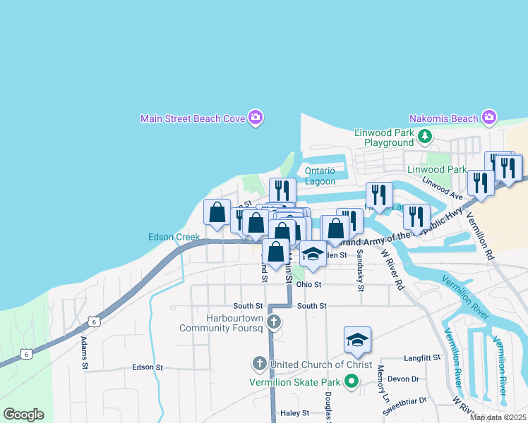 map of restaurants, bars, coffee shops, grocery stores, and more near 5564 Ferry Street in Vermilion