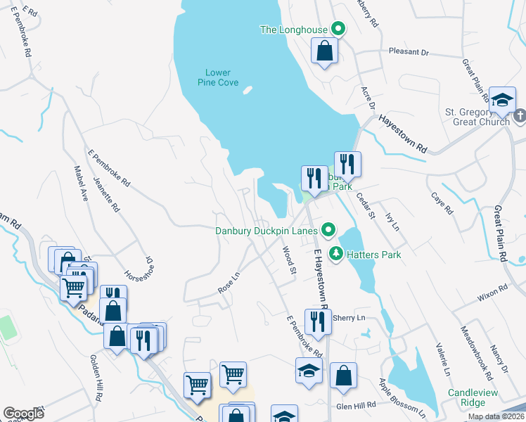 map of restaurants, bars, coffee shops, grocery stores, and more near 10 Hayestown Road in Danbury