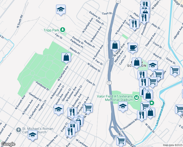 map of restaurants, bars, coffee shops, grocery stores, and more near 855 North Bromley Avenue in Scranton