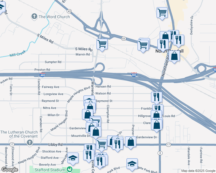 map of restaurants, bars, coffee shops, grocery stores, and more near 20659 Hansen Road in Maple Heights