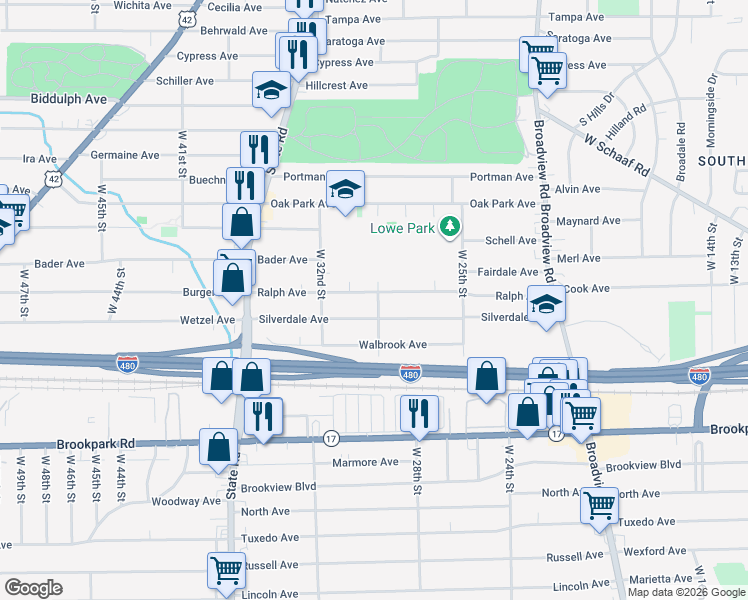 map of restaurants, bars, coffee shops, grocery stores, and more near 3004 Ralph Avenue in Cleveland