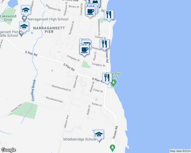 map of restaurants, bars, coffee shops, grocery stores, and more near 1 Perkins Avenue in Narragansett