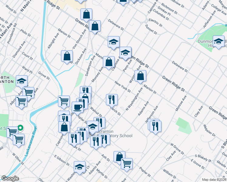 map of restaurants, bars, coffee shops, grocery stores, and more near 1359 Penn Avenue in Scranton