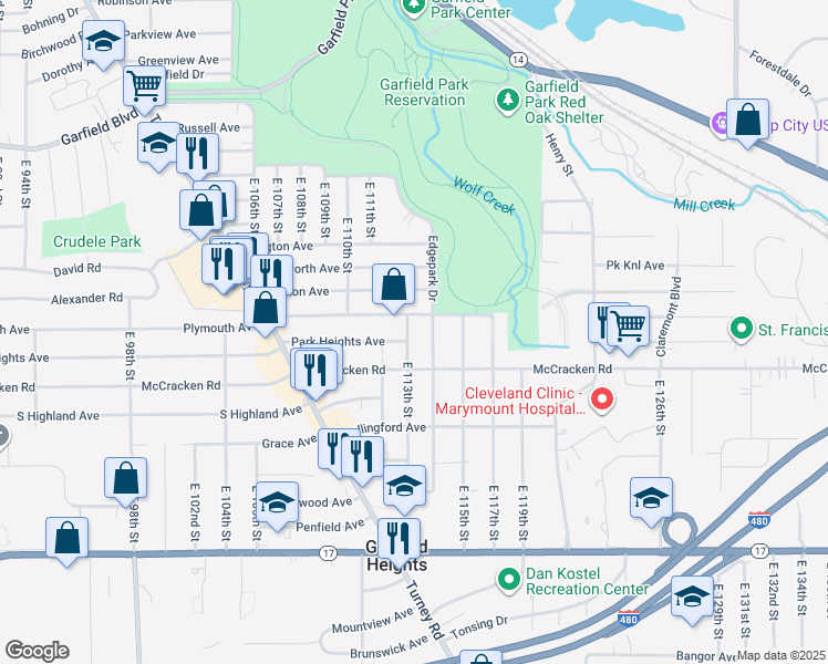 map of restaurants, bars, coffee shops, grocery stores, and more near 11206 Plymouth Avenue in Garfield Heights