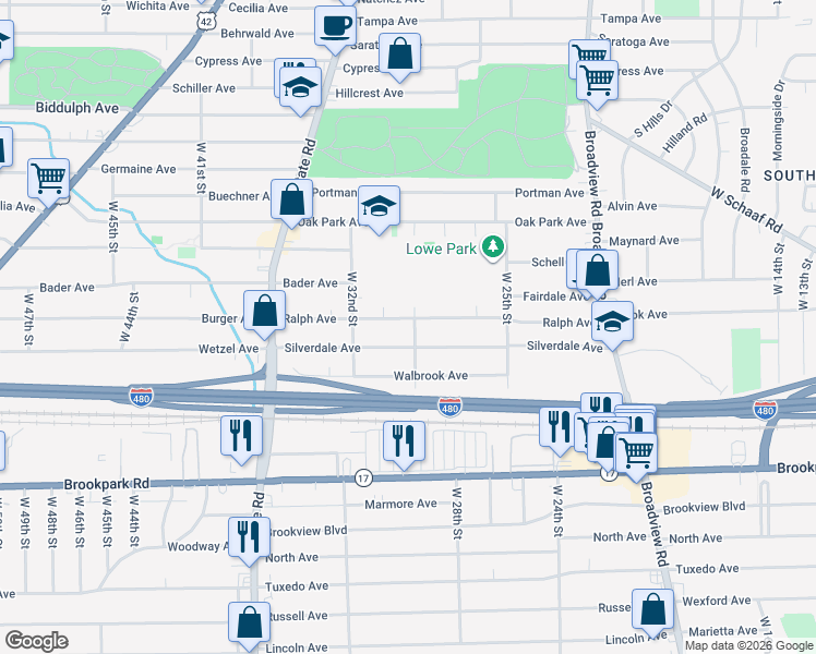 map of restaurants, bars, coffee shops, grocery stores, and more near 3004 Ralph Avenue in Cleveland