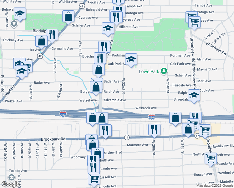 map of restaurants, bars, coffee shops, grocery stores, and more near 3334 Ralph Avenue in Cleveland