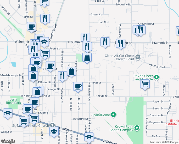 map of restaurants, bars, coffee shops, grocery stores, and more near 812 E Monitor St in Crown Point