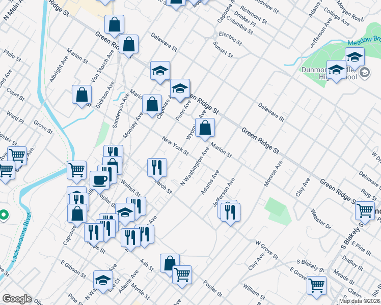 map of restaurants, bars, coffee shops, grocery stores, and more near 417 New York Street in Scranton