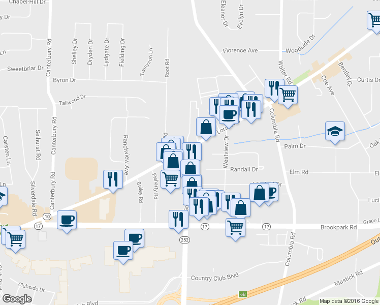 map of restaurants, bars, coffee shops, grocery stores, and more near 25180 Lorain Road in North Olmsted