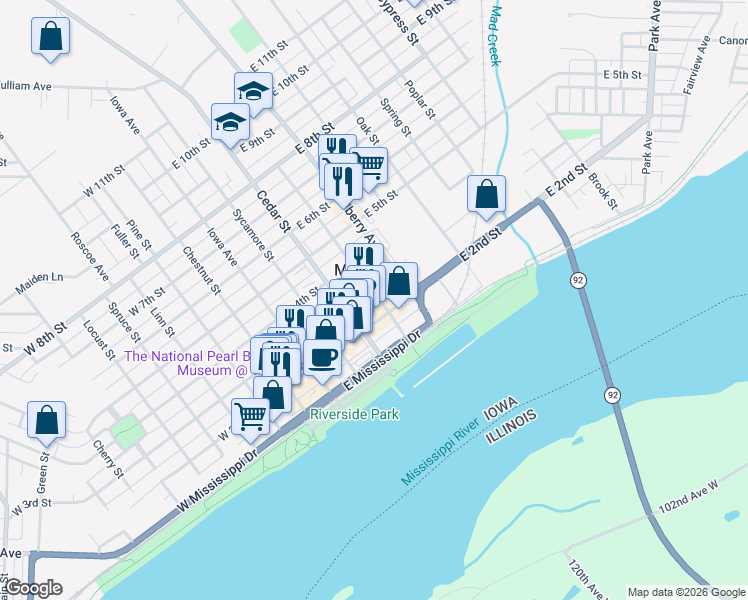 map of restaurants, bars, coffee shops, grocery stores, and more near 218 Walnut Street in Muscatine