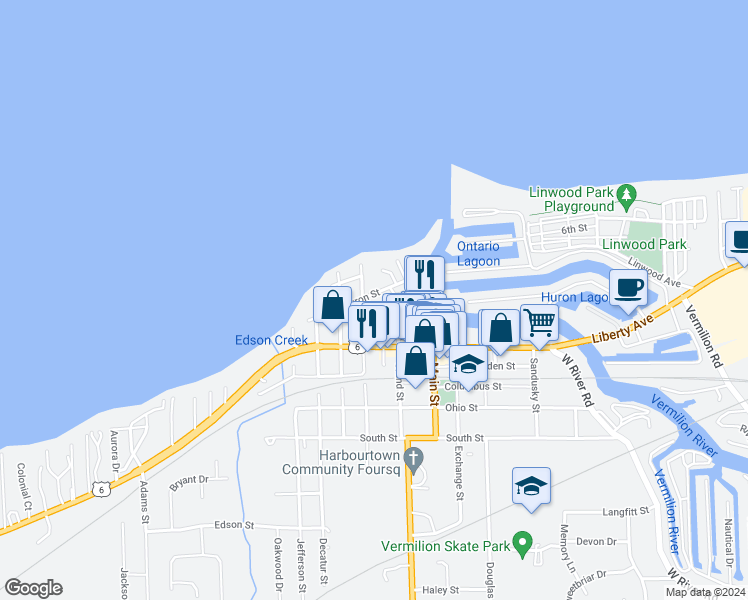 map of restaurants, bars, coffee shops, grocery stores, and more near 5679 Huron Street in Vermilion