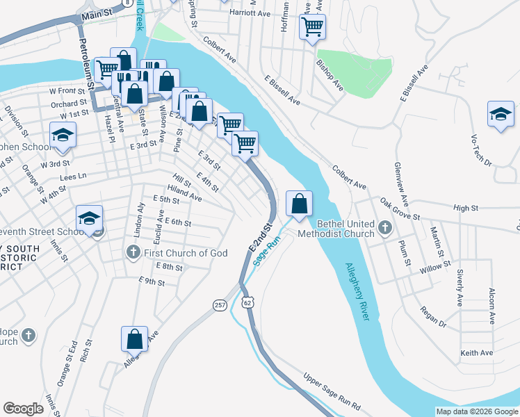 map of restaurants, bars, coffee shops, grocery stores, and more near 804 East 3rd Street in Oil City