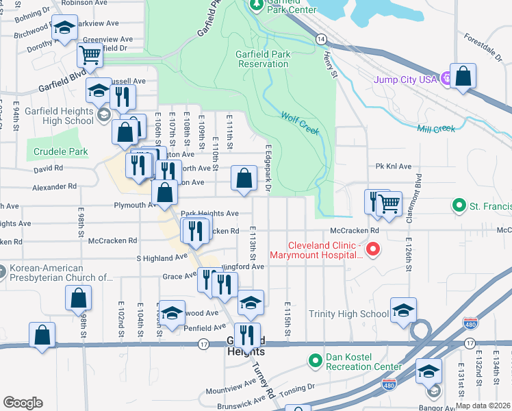 map of restaurants, bars, coffee shops, grocery stores, and more near 11206 Plymouth Avenue in Garfield Heights