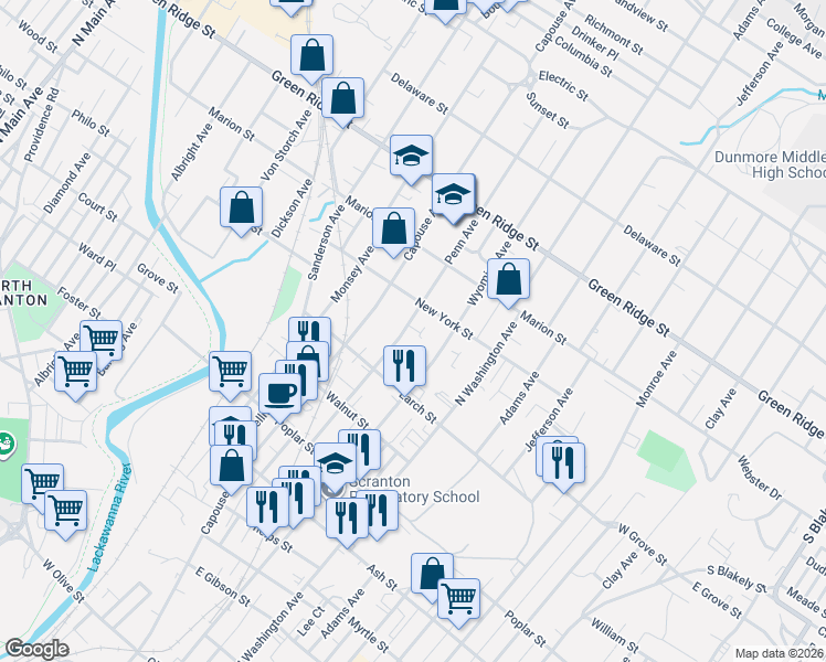 map of restaurants, bars, coffee shops, grocery stores, and more near 1359 Penn Avenue in Scranton