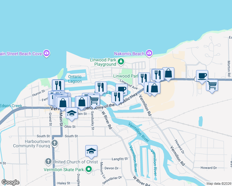 map of restaurants, bars, coffee shops, grocery stores, and more near 5105 Park Drive in Vermilion