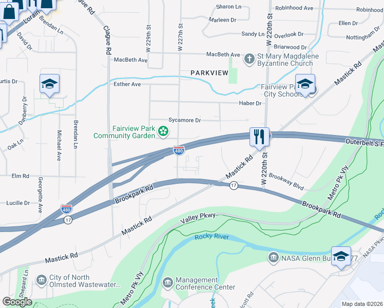 map of restaurants, bars, coffee shops, grocery stores, and more near 22654 Lenox Drive in Cleveland