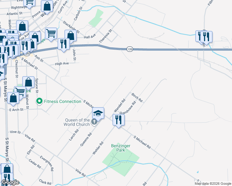 map of restaurants, bars, coffee shops, grocery stores, and more near 137 Poplar Road in St. Marys