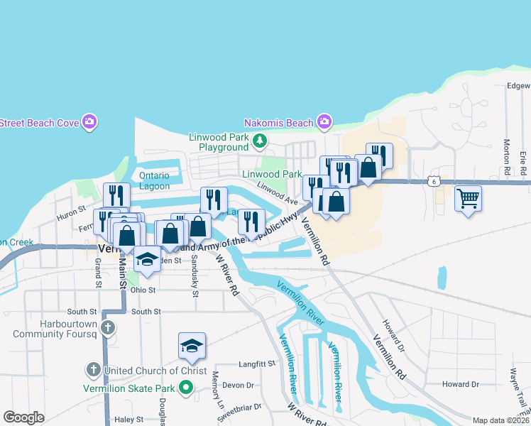 map of restaurants, bars, coffee shops, grocery stores, and more near 5025 Portage Drive in Vermilion