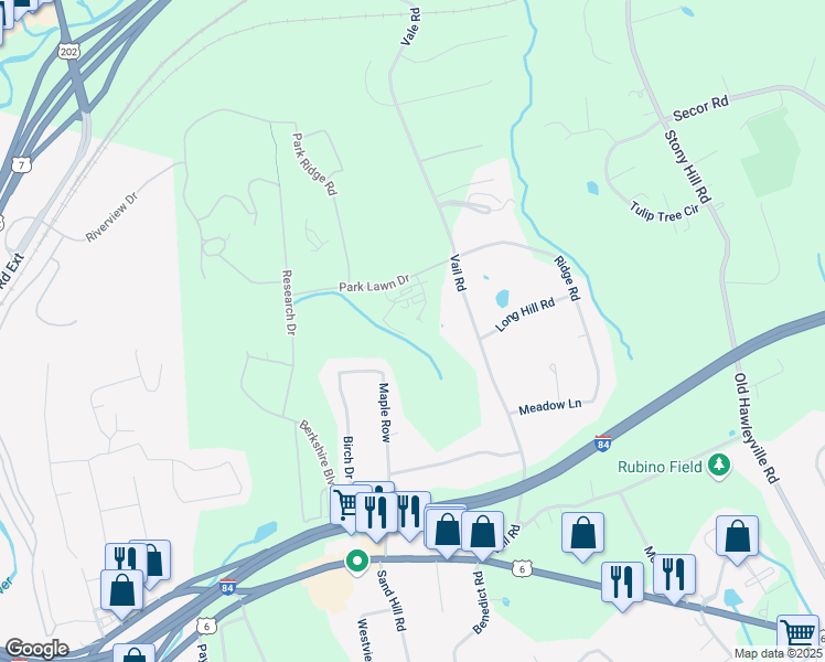 map of restaurants, bars, coffee shops, grocery stores, and more near 13 Park Lawn Drive in Bethel