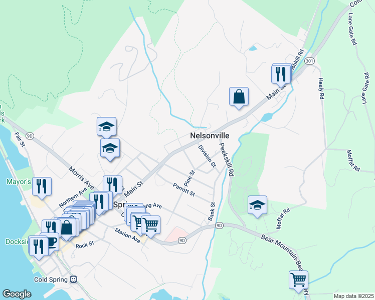map of restaurants, bars, coffee shops, grocery stores, and more near 262 Main Street in Cold Spring