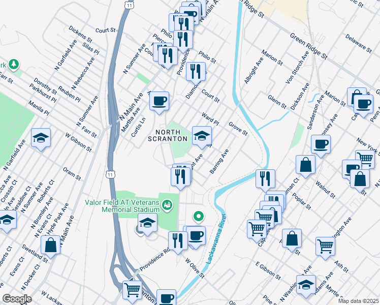 map of restaurants, bars, coffee shops, grocery stores, and more near 901-999 Meade Avenue in Scranton