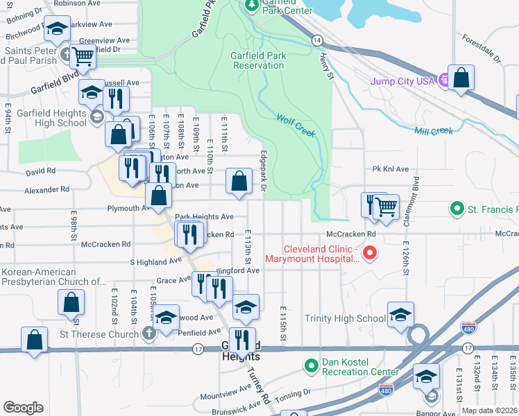 map of restaurants, bars, coffee shops, grocery stores, and more near 11404 Edgepark Drive in Garfield Heights