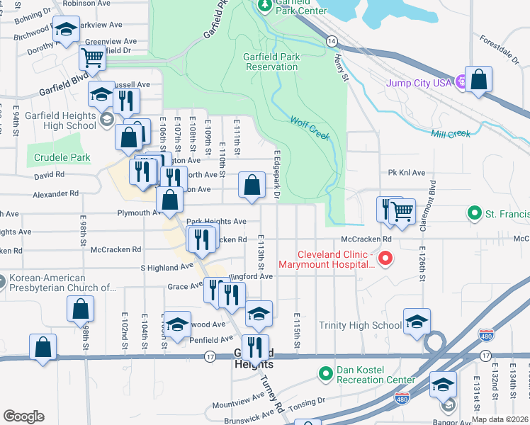 map of restaurants, bars, coffee shops, grocery stores, and more near 11206 Plymouth Avenue in Garfield Heights