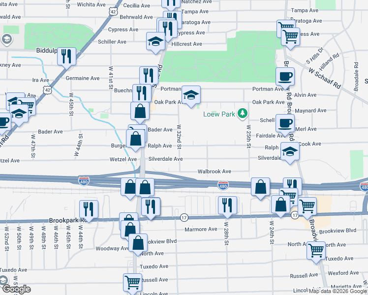 map of restaurants, bars, coffee shops, grocery stores, and more near 3122 Ralph Avenue in Cleveland