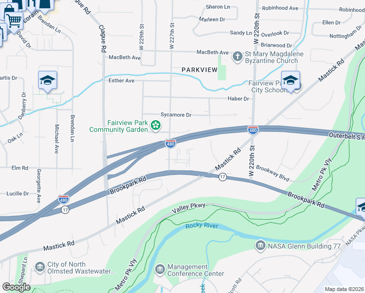 map of restaurants, bars, coffee shops, grocery stores, and more near 22654 Lenox Drive in Cleveland