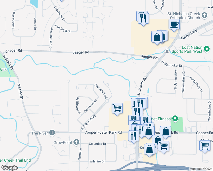 map of restaurants, bars, coffee shops, grocery stores, and more near 3356 Coopers Trail in Lorain