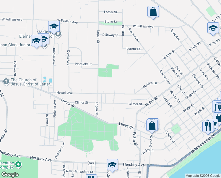 map of restaurants, bars, coffee shops, grocery stores, and more near 921 Newell Avenue in Muscatine