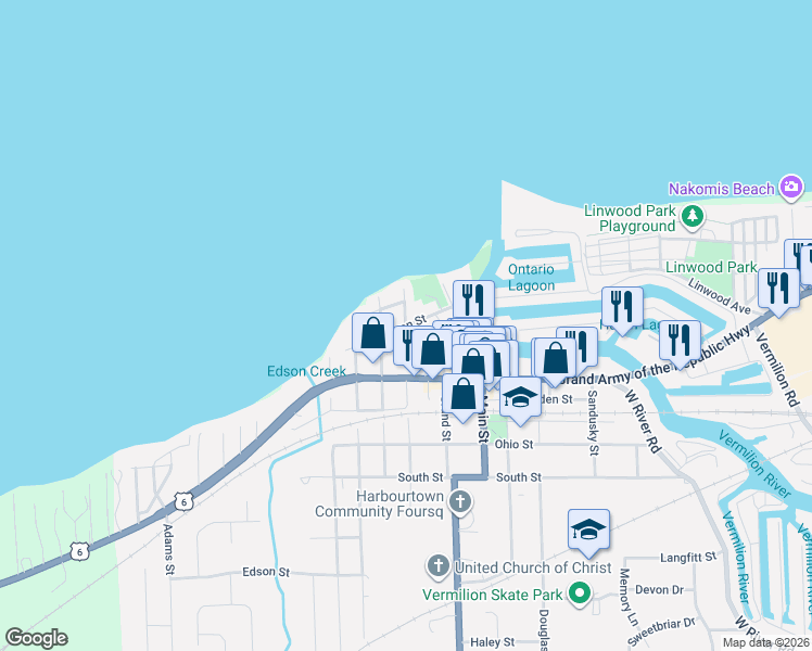 map of restaurants, bars, coffee shops, grocery stores, and more near Washington Street & Huron Street in Vermilion