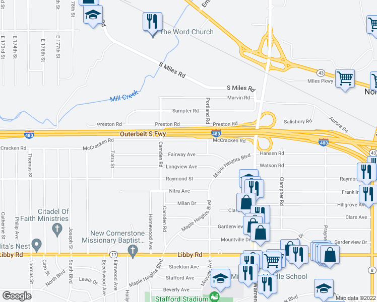 map of restaurants, bars, coffee shops, grocery stores, and more near 19501 Fairway Avenue in Maple Heights
