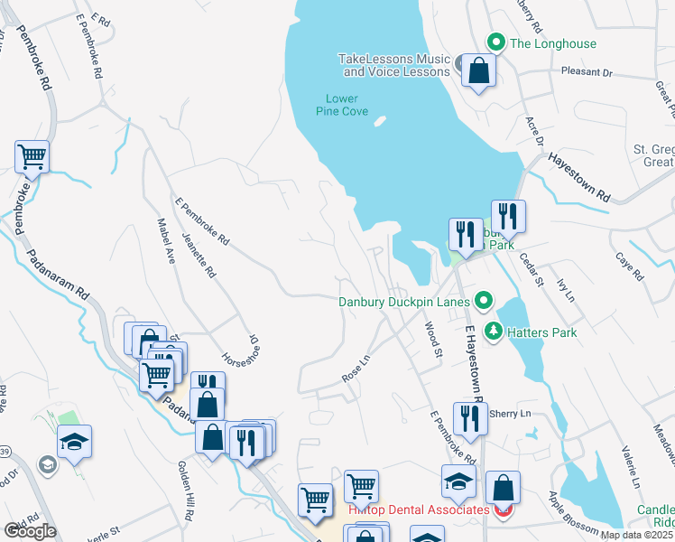 map of restaurants, bars, coffee shops, grocery stores, and more near 18 Cornell Road in Danbury