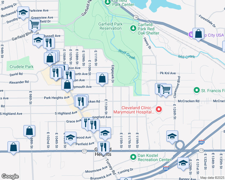 map of restaurants, bars, coffee shops, grocery stores, and more near 11114 Vernon Avenue in Garfield Heights