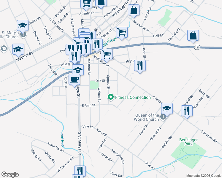 map of restaurants, bars, coffee shops, grocery stores, and more near 421 Spruce Street in Saint Marys