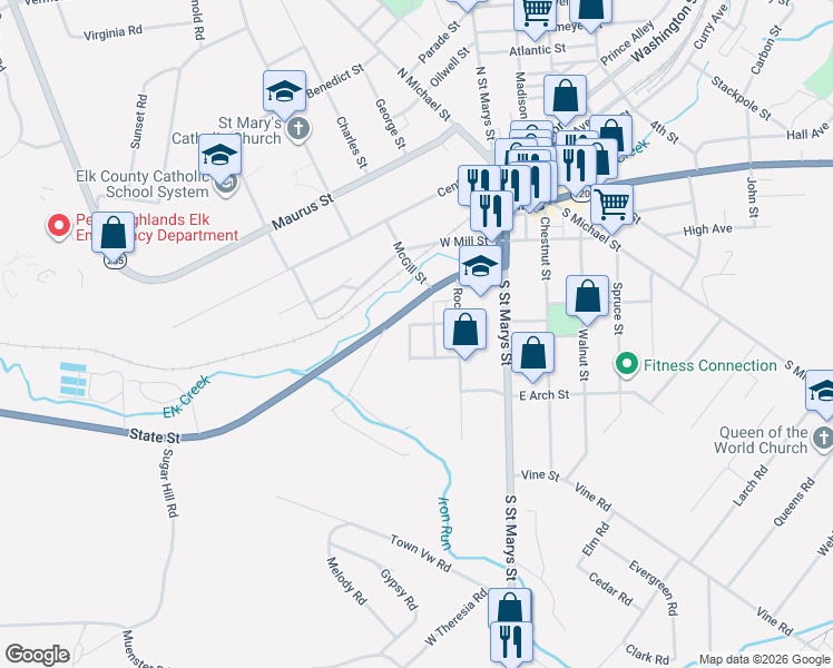 map of restaurants, bars, coffee shops, grocery stores, and more near 355-399 W Race St in St. Marys